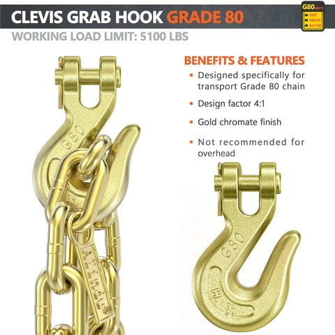 Beefy Heavy Duty Transport Binder Chain With Clevis Grab Hooks 5 16th Inch By 20 Foot 5100 Lb WLL shown in gold chromate finish.