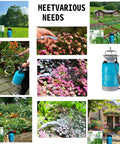 Collage of Upgraded Reinforced 1.3 Gallon Pump Pressure Sprayer for plants and weed control in garden use and various settings.