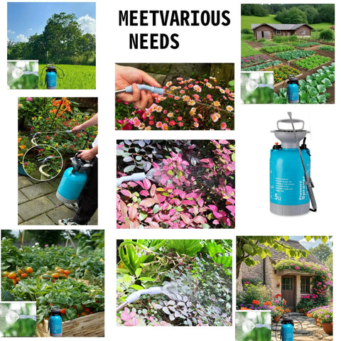 Collage of Upgraded Reinforced 1.3 Gallon Pump Pressure Sprayer for plants and weed control in garden use and various settings.
