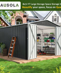 Heavy Duty Metal Garden Storage Shed 8.2x12 Ft with open lockable doors showing organized tools and equipment inside.