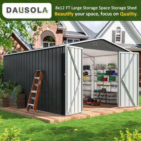 Heavy Duty Metal Garden Storage Shed 8.2x12 Ft with open lockable doors showing organized tools and equipment inside.