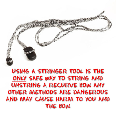 Archery Bow Stringer Tool for Recurve, Traditional, and Long Bows with durable Dacron string and safety message