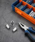 50 Pack M6 Knurled Stainless Steel Blind Rivet Nuts Set with threaded insert rivnuts and pliers on concrete surface