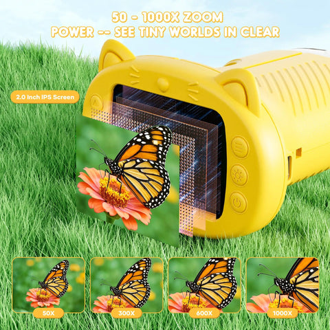 Handheld Digital Microscope For Kids With 2 Inch IPS Screen Up To 1000X Magnification Portable STEM Science Toy showing butterfly detail