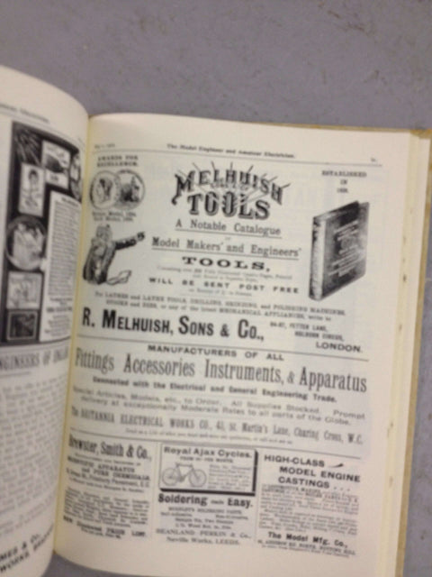 Book: The Model Engineer & Amateur Electrician Vol. 6 (1902); open page shows Melhuish Tools advertisement.