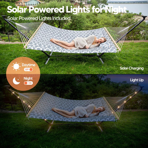 Outdoor Two Person Hammock With Solar Powered Lights And 12 Ft Stand Included Double Hammock In Light Gray For Backyard Or Camp