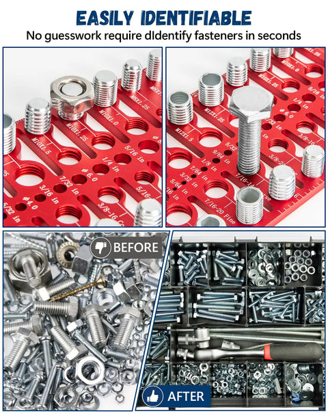 Thread gauge set on red plate showing standard and metric bolt/nut identifiers with hardware.