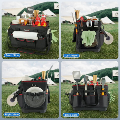 Large Grill Caddy With Hard Bottom And Paper Towel Holder All In One Outdoor BBQ Utensil Organizer in various angles outdoors