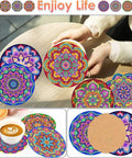 Mandala Diamond Painting Coaster Kit With Holder For Dope DIY Beginners And Adults Art Coasters Cork Wood Pad Board Double Layer Strong And Wear Resistant Gift 4X4In. showing colorful coasters on a table with coffee