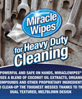 Packaging of Miracle Wipes for Heavy Duty Cleaning with coconut oil extracts among wrenches, highlighting dual-textured design.