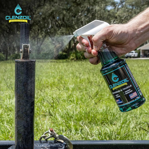Marine Gear Lubricant And Cleaner For Reels, Boat Motors, Downriggers And Tackle, 16 Oz Trigger Spray in use outdoors