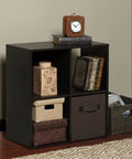 Espresso 4 Cube Organizer Desk With Built In USB Charging Hub And Dual Plug Charger, accessories in cubbies, home setting