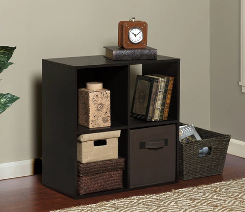 Espresso 4 Cube Organizer Desk With Built In USB Charging Hub And Dual Plug Charger, accessories in cubbies, home setting