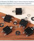 Two Pack 15 Amp Push Button Circuit Breaker With Waterproof Caps 125 To 250V AC And 50V DC Manual Reset Thermal Overload Protector For Home Appliances, Welding, Coffee Makers, Vending Gear, Juicers; black 56x35x14.5mm