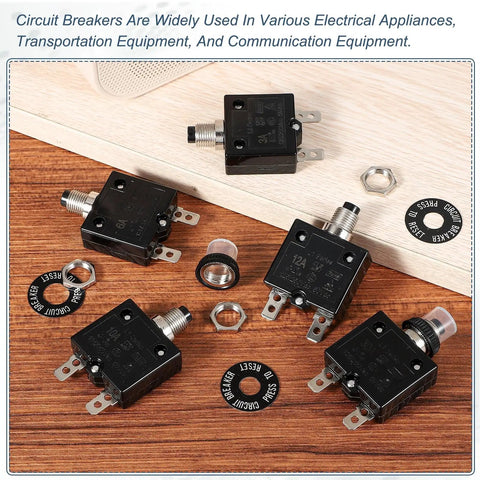 Two Pack 15 Amp Push Button Circuit Breaker With Waterproof Caps 125 To 250V AC And 50V DC Manual Reset Thermal Overload Protector For Home Appliances, Welding, Coffee Makers, Vending Gear, Juicers; black 56x35x14.5mm