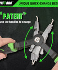 Pro Grade 8 Inch Quick Turn Snap Ring Pliers With Interchangeable Tips for internal and external rings shown in use.