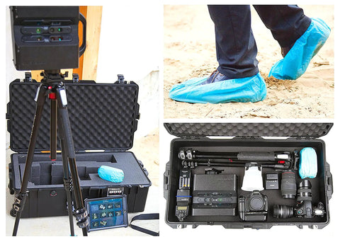 Heavy Duty Waterproof Disposable Shoe Covers With Elastic Band And Non Slip Silicone Sole For Floor Protection Blue XL 100 Pack Fits Men Size 11 And Women Size 13 For Home And Work, shown on feet in outdoor setting, camera gear visible