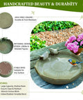10 Inch Shallow Ceramic Bird Bath Bowl For Outdoors Handmade Garden Bird Bath Water Dish Tabletop Balcony And Lawn Wildlife Waterer With Weather Resistant Glaze Anti Roll Over Safe For Birds To Drink And No Peeling Paint shown with birds and flowers