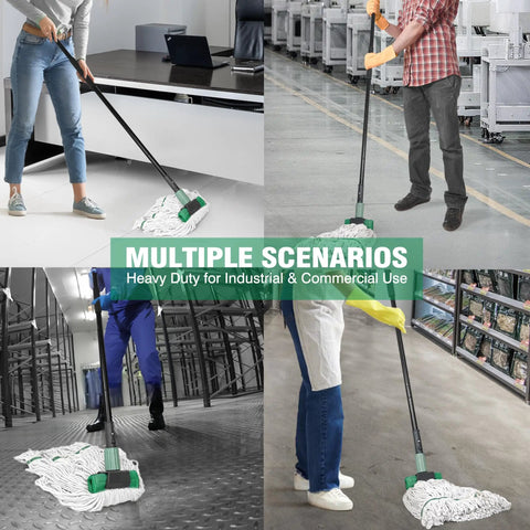 Heavy Duty Mop With Extended Reach Handle in use across various industrial settings for easy cleaning of spills.
