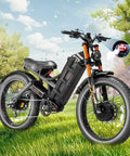 Shred All Day On This 2025 Romeo Pro II 4000W Dual Motor Electric Bike For Adults With 52V 70Ah Battery Full Suspension Fat Tires And Hydraulic Disc Brakes side view in a grassy field.