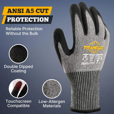 Cut Resistant Work Gloves ANSI A5 With Sandy Nitrile Grip And 3D Comfort Fit Breathable Design Touchscreen Compatible, grey, size large
