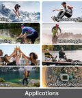 Various activities like skiing, skateboarding, cycling, shown with Motorcycle 360 Camera For Rides Dope 5.7K Video 72MP Photos.