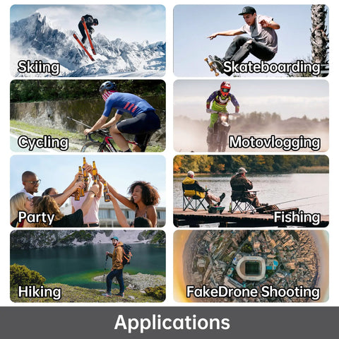 Various activities like skiing, skateboarding, cycling, shown with Motorcycle 360 Camera For Rides Dope 5.7K Video 72MP Photos.