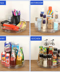 Two Pack Lazy Susan Cabinet Organizer Rotating Turntable for Cabinets Pantries Countertops Tables and Fridges 10.5 Inch Plastic Round Organizer displaying various items