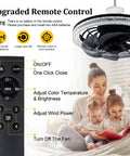 Screw In Ceiling Fan With Light And Remote Dimmable E26 Bulb Socket Adapter Flush Mount Mini Wireless Fan remote control features.