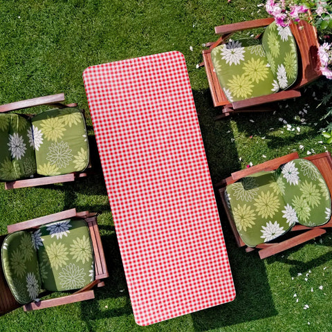 Top view of 3 Pack Red And White Checkered Picnic Tablecloths, Fitted Rectangular Vinyl With Flannel Backing, Waterproof Table Cover 30 By 72 Inches, Elastic Rim For Indoor Outdoor Parties And Picnics