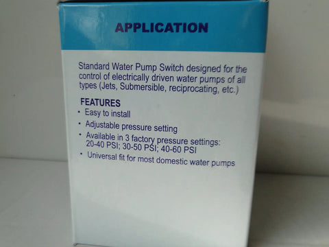 Packaging showing features of Water Well Submersible Pump Pressure Switch 40 60 Psi with One Quarter Inch FPT Connection