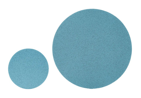 Two blue sanding discs, one larger and one smaller, from Trizact Hookit Foam Disc P5000 3 Inch Blue Pack Of 15 For Perfect It Paint Finishing System.