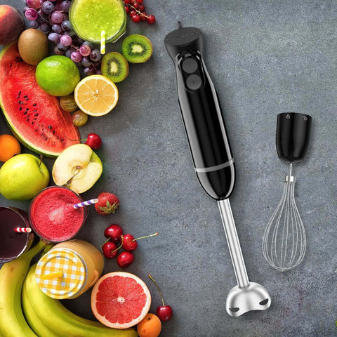 Slick 3 In 1 Immersion Blender Featuring Quick Adjust Speeds And A Heavy Lifter Motor Backed By Stainless Blades To Blend Soups And Shakes Effortlessly Without The Sweat with fruits and smoothies.