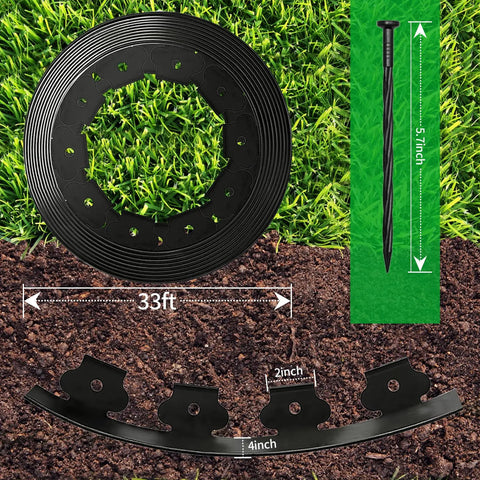 No Dig Landscape Edging Kit With 60 Spikes, 4 Inch Tall 66 Foot Border, 33ft roll, 5in spike, black plastic detail.