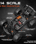 All Terrain RC Truck For Adults And Kids, 4WD Waterproof Remote Control Car with exposed chassis and detailed parts, 1:14 scale.