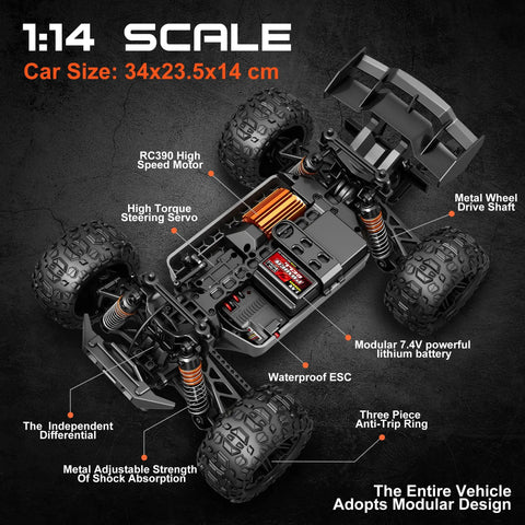 All Terrain RC Truck For Adults And Kids, 4WD Waterproof Remote Control Car with exposed chassis and detailed parts, 1:14 scale.