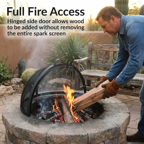 Man placing wood in fire pit with Round Fire Pit Spark Screen Cover With Easy Opening Latch Heavy Duty Steel Mesh Shield For 36 Inch Outdoor Fire Pits Ember Guard.