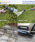 18 Inch Heavy Duty Metal Watering Wand with nine spray patterns, flexible 180 degree head, used for plants, lawn, and car cleaning.