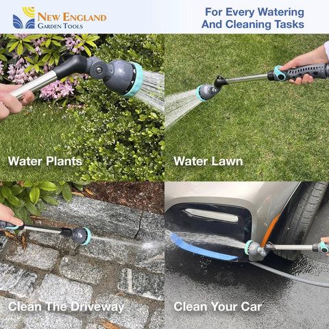 18 Inch Heavy Duty Metal Watering Wand with nine spray patterns, flexible 180 degree head, used for plants, lawn, and car cleaning.