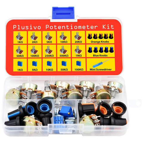 Plastic case containing the All In One Potentiometer Kit With 46 Pieces Including 1K To 100K Ohm Linear Rotary Taper Potentiometers