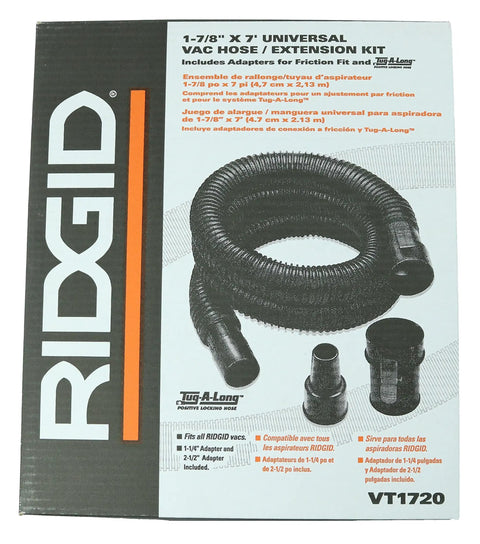 Tug-A-Long Vacuum Hose Kit box with 7-foot flexible hose, 1-7/8 inch diameter, 1-1/4 inch adapter, and two connectors displayed.