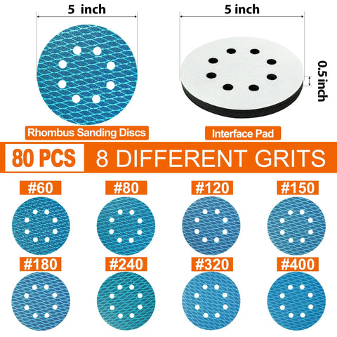 Diamond Shape 5 Inch Sanding Discs Kit With 80 Pack 8 Hole Hook And Loop Sandpaper Set Pro Grade Interface Pad Included