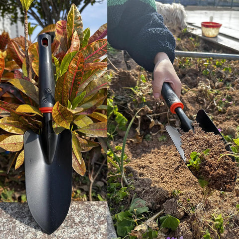 Heavy Duty Garden Trowel With Comfort Grip Oversized Aluminum Alloy Hand Shovel That Digs Through Rocky Soil Fast Rust Resistant Non Slip Handle For Quick Weeding And Planting shown in garden setting.