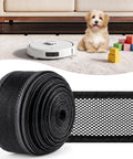 Adjustable Under Couch Blocker For Pets Smooth Sliding Barrier to Catch Rolling Toys Remotes Keeps Floors Clutter Free Breathable Fabric Design with a dog and toys.
