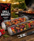 Rolling Grill Basket With Removable Wooden Handle, Stainless Steel grill net rack filled with vegetables and meat near BBQ
