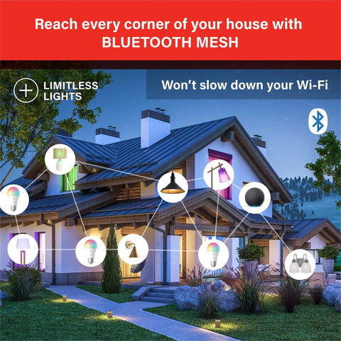 Exterior view showcasing Alexa Compatible Color Changing Smart Bulbs 10 Pack with auto pairing and Bluetooth mesh lighting.