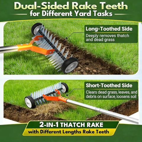 Wheel Equipped Adjustable Thatch Rake With No Backache Dethatching On Lawns, 38 To 65 Inch Handle, 21 And 11 Dual-Sided Steel Tines