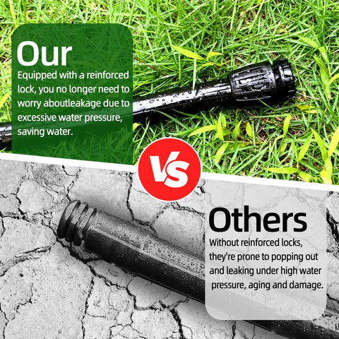 Ten Pack One Half Inch Drip Irrigation Fittings End Caps with reinforced lock vs others on grass and cracked soil