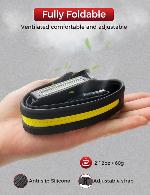 Hand holding foldable LED headlamp from Two Pack Rechargeable Headlamp Set With LED Headlamps For Adults, 230 Degree Wide Beam, USB Charging.