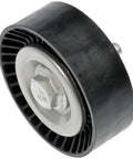 Dorman 419-598 belt idler pulley, angled side view; black outer wheel with silver center hub and bolt
